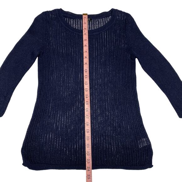 Talbots Petite Linen Sweater Dark Blue Open Stitch Long Sleeve Crew Neck Size M - Picture 12 of 14